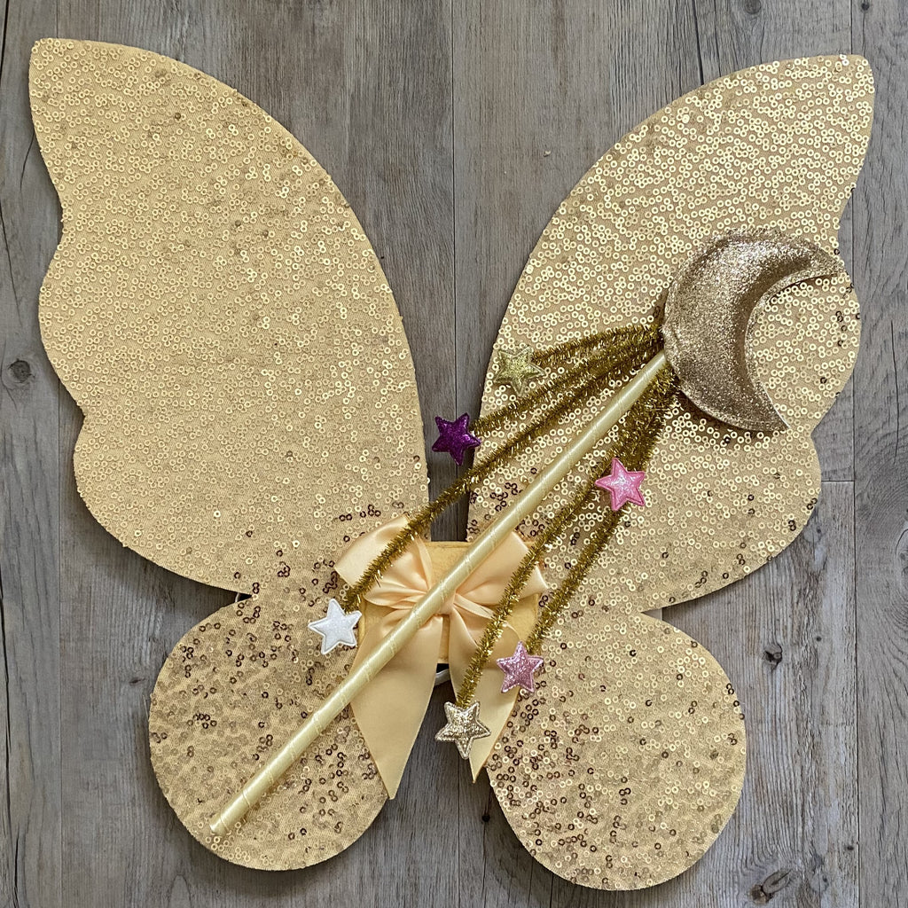 Gold Sequin Wings with Sparkle Moon Wand